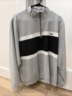 Lacoste Men’s Grey Half-Zip Sweater with Black & White Stripes